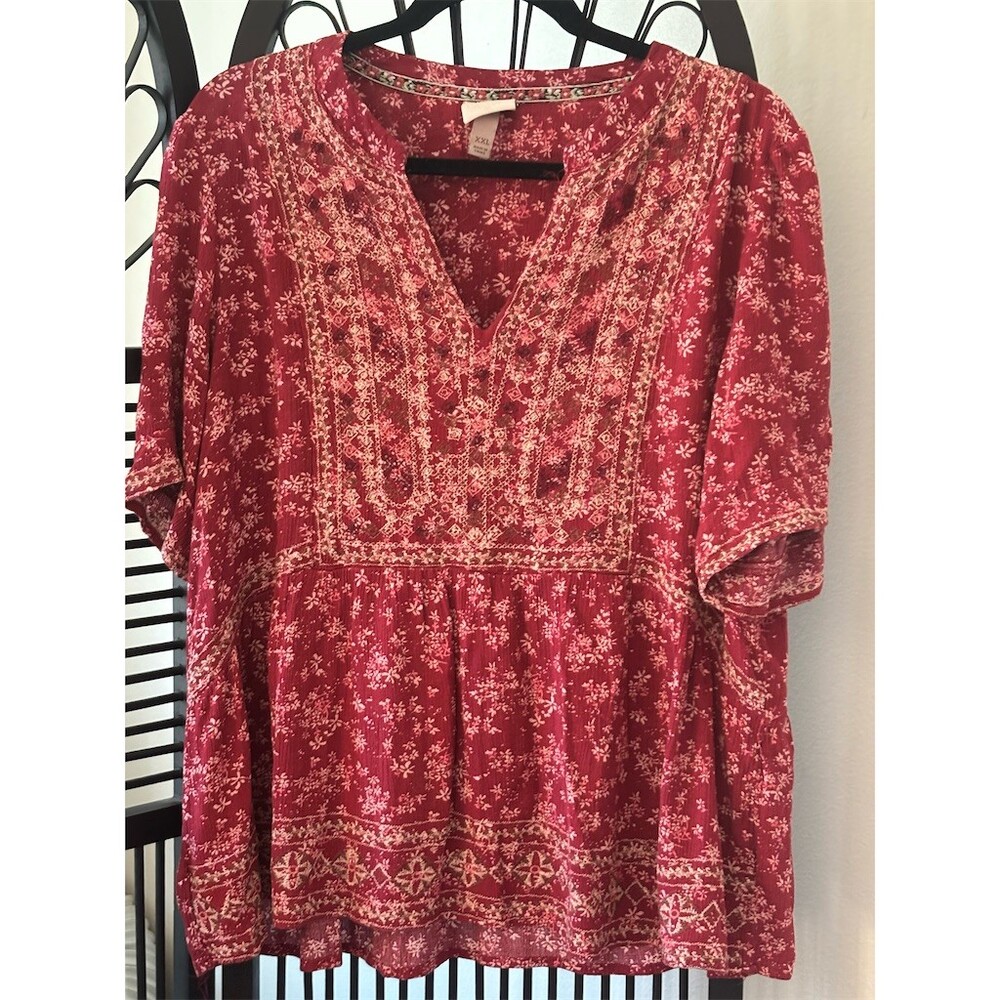 Knox Rose Blouse Womens 2XL Red Floral Boho Peasant Tunic V-Neck 3/4